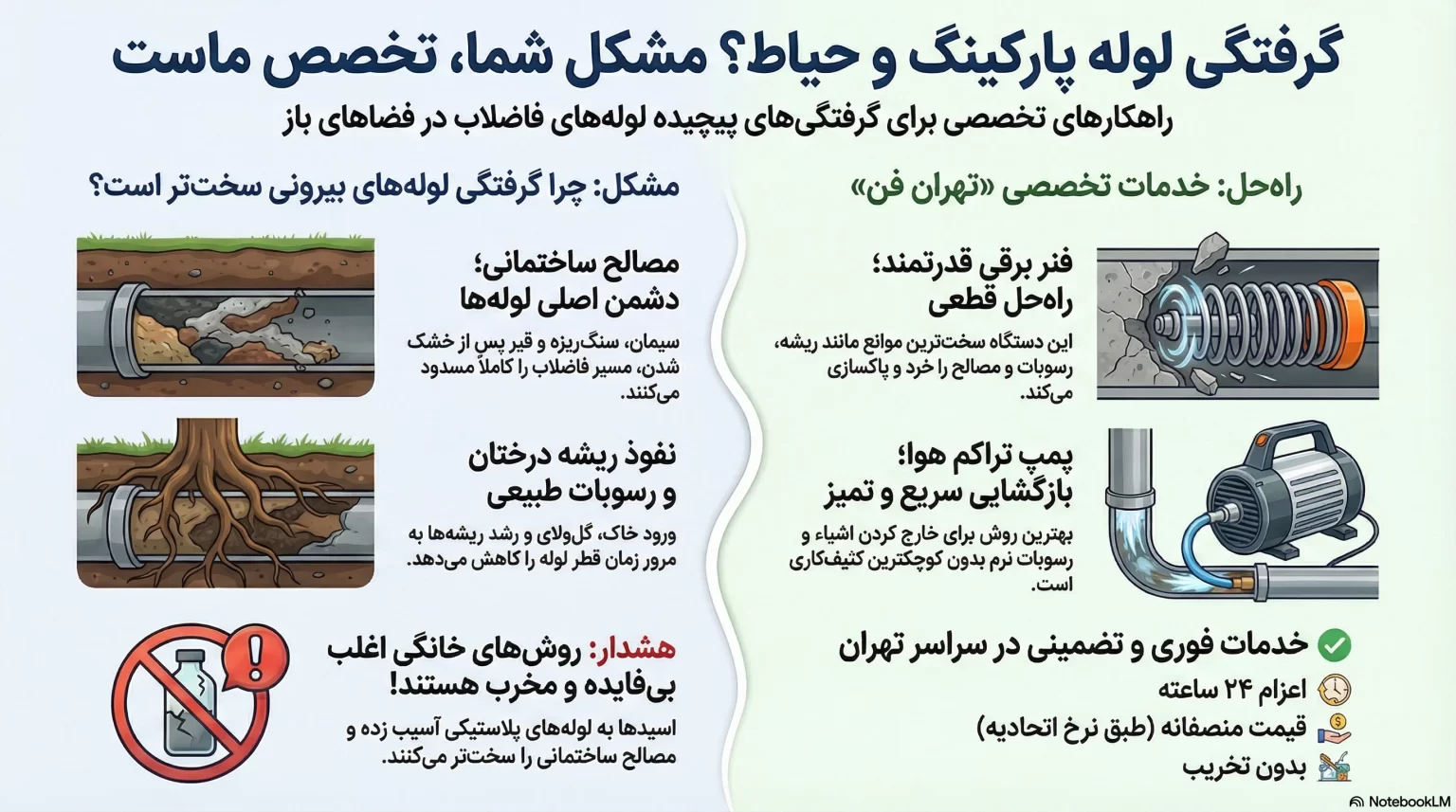 بازکردن گرفتگی لوله حیاط خانه لوله بازکن پارکینگ تهران فوری