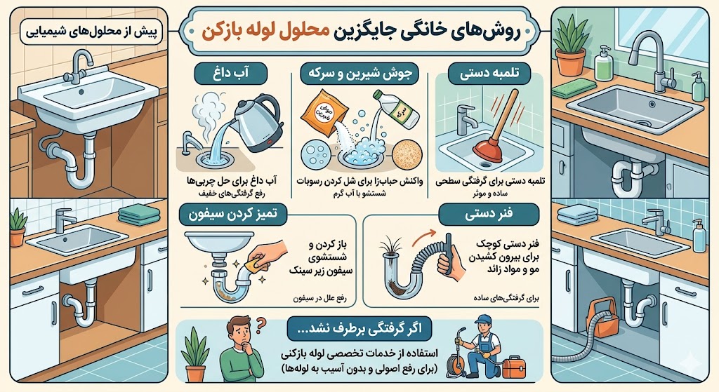 روش‌های خانگی باز کردن گرفتگی توالت ایرانی رفع گرفتگی سینک ظرفشویی رفع گرفتگی چاه حمام فوری